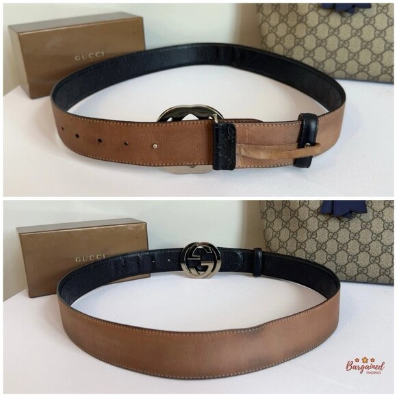 Auth Gucci Black Guccissima Leather Silver Interlocking G Buckle Belt 95/38 - Picture 5 of 13